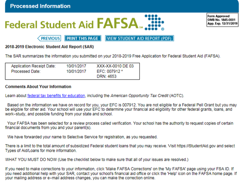 FAFSA® Student Aid Report